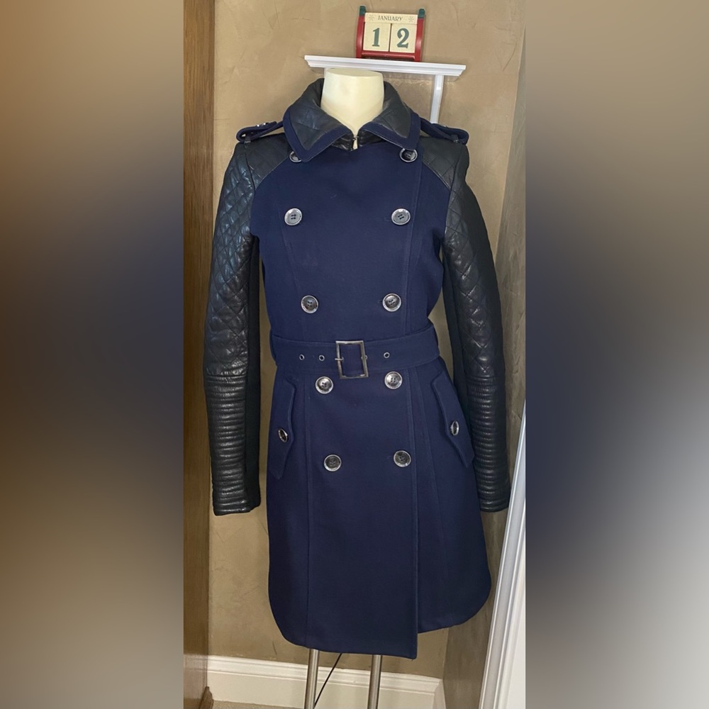 BCBG  Max Azria Navy Wool Quilted Leather Sleeve Double Breasted Pea Coat  XS